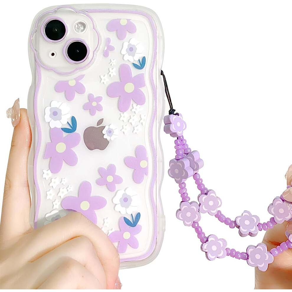 Compatible With Iphone 14 Case Clear Cute Floral Pattern Soft Tpu Shockproof Protective With Chain For Women Girls - Floral Purple 9389440358188