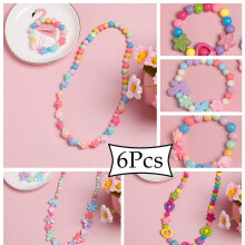 LNGOOR 6 Pcs Girls Beaded Jewelry Set with Necklace, Bracelet, Earrings & Rings, Princess Dress Up Gift for 3-10 Years Old