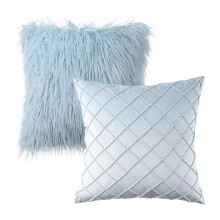 Phantoscope Designer's Choice Faux Fur & Pleated Velvet Throw Pillow Set, 18"x18", Light Blue, 2 Pack, compatible with sofa couch bedroom