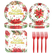 Christmas Disposable Tableware Set, Compatible with Xmas & New Year Party - 96pcs Poinsettia Plates & Napkins
