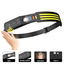 Lampe frontale rechargeable, idéale pour les cadeaux d'automne, lampe frontale LED étanche avec détecteur de mouvement, lumière rouge/jaune/bleue