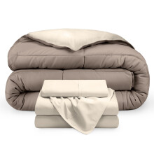 Ensemble de literie réversible 4 pièces Bare Home - Collection Premium 1800 - 1 place, couette sable/taupe avec drap-housse sable