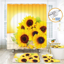 Ensemble rideau de douche et tapis de toilette motif tournesol jaune, 16 pièces, rideau de douche imperméable avec 12 crochets et tapis de toilette
