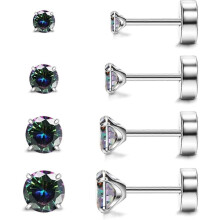 Hypoallergenic Flat Back Earrings, 4 Pairs Implant Grade Titanium Studs with Screw Back, Compatible with Sensitive Ears
