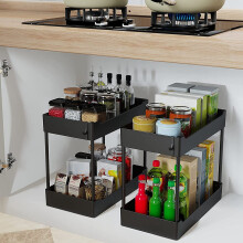2Pack Under Sink Organizer, 2-Tier Under Sink Shelf with 8 Hooks Under Sink Storage Shelf for Kitchen Bathroom Cabinet Black