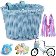 Children's front bicycle basket, wicker rattan with leather strap, removable, includes bell stickers & blue tassels, compatible with kids' bikes