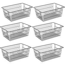 Wire Storage Freezer Baskets, Set of 6, 15.4" Organizer Bins with Handles for Fridge, Cabinets, Pantry - White