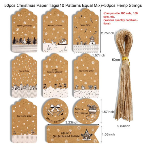Christmas Gift Tags 50 Count with String for DIY Xmas Present Wrap and Label Package Name Card
