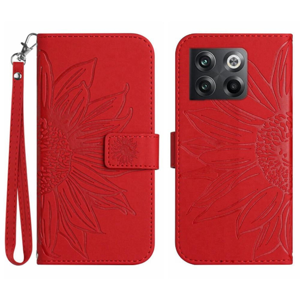 Case For Compatible With Oneplus 10T Embossed Sunflower Luxury Pu Leather Flip Wallet Phone Case With Card Slots Holder Short Strap 9389440454347
