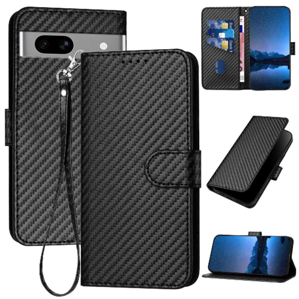 Flip Case For Google Pixel 7A Premium Leather With Detachable Hand Strap Carbon Fiber Surface With Card Slot And Kickstand 9389440454460