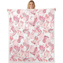 Cowgirl Blanket, Western Cowboy Boots Pink Bowknots Throw Blanket for Sofa Adults, Dreamy Fairy Tale Princess Starry Pink White Soft Blanket Bed