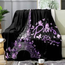 Eiffel Tower Throw Blanket, Purple Butterfly French Paris Design, Soft Warm Fleece for Bed or Couch, 60"x80"