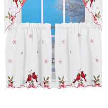 Collections Etc Embroidered Winter Cardinals Window Curtain Panels Collection, Red, Green and White Christmas Accents, 36" L Tiers