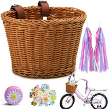 Children's Front Bicycle Basket, Wicker Rattan Basket with Leather Strap, Bell, Stickers, Tassels - Honey Yellow