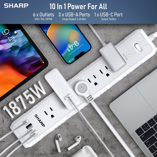 Compatible with SHARP 6-Outlet 4 USB Port 5 ft Surge Protector 2