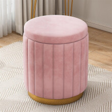 Velvet Ottoman Round Footstool with Storage, Small Pink Shoe Bench and Makeup Stool for Living Room