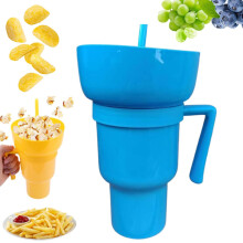 2 in 1 Snack and Drink Cup 32oz LeakProof Popcorn Holder with Straw and Handle SkyBlue
