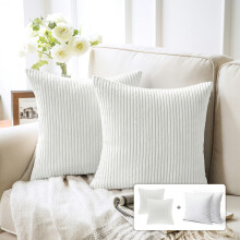 Fluffy Corduroy Velvet Solid Color Suqare Cusion Accent Decorative Throw Pillow for Couch, 20" x 20", White, 2 Pack