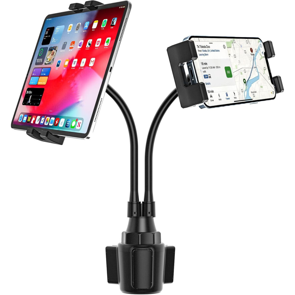 Dual Car Tablet Mount For Cup Holder, Gooseneck Car Cupholder Tablet Holder With Strong Long Arm 10" For 4-12.9" 9389440325036