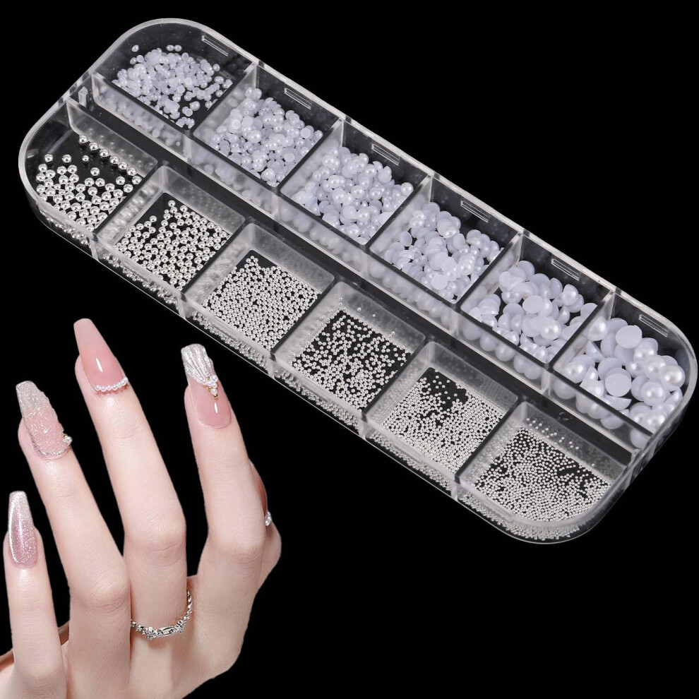White Nail Art Pearls Kit With Round And Half Round Flatback Pearl Nail Decorations In Multiple Sizes