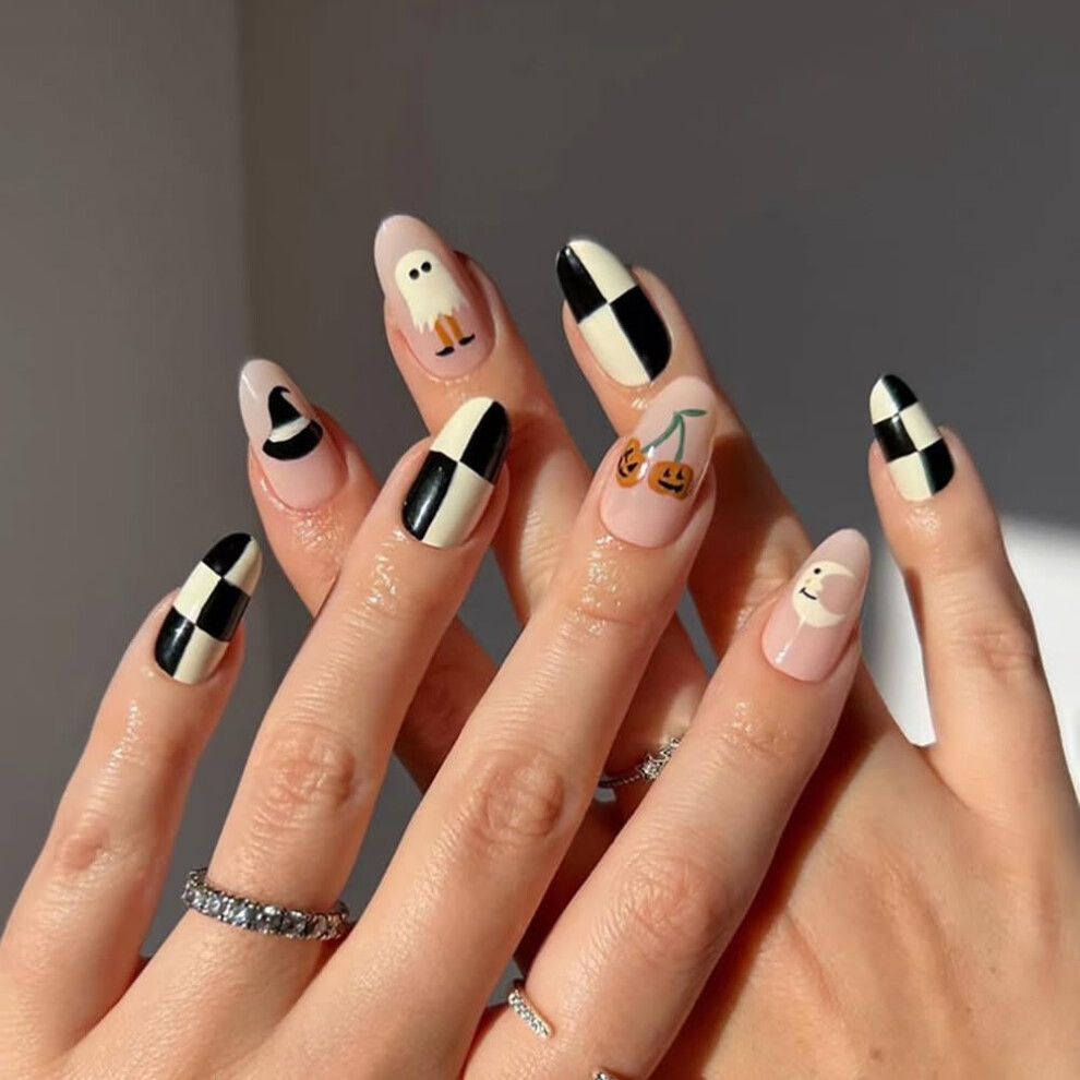 Halloween Press On Nails Medium Oval Ghost and Pumpkin Design Fake Nails for Women Girls 24PCS