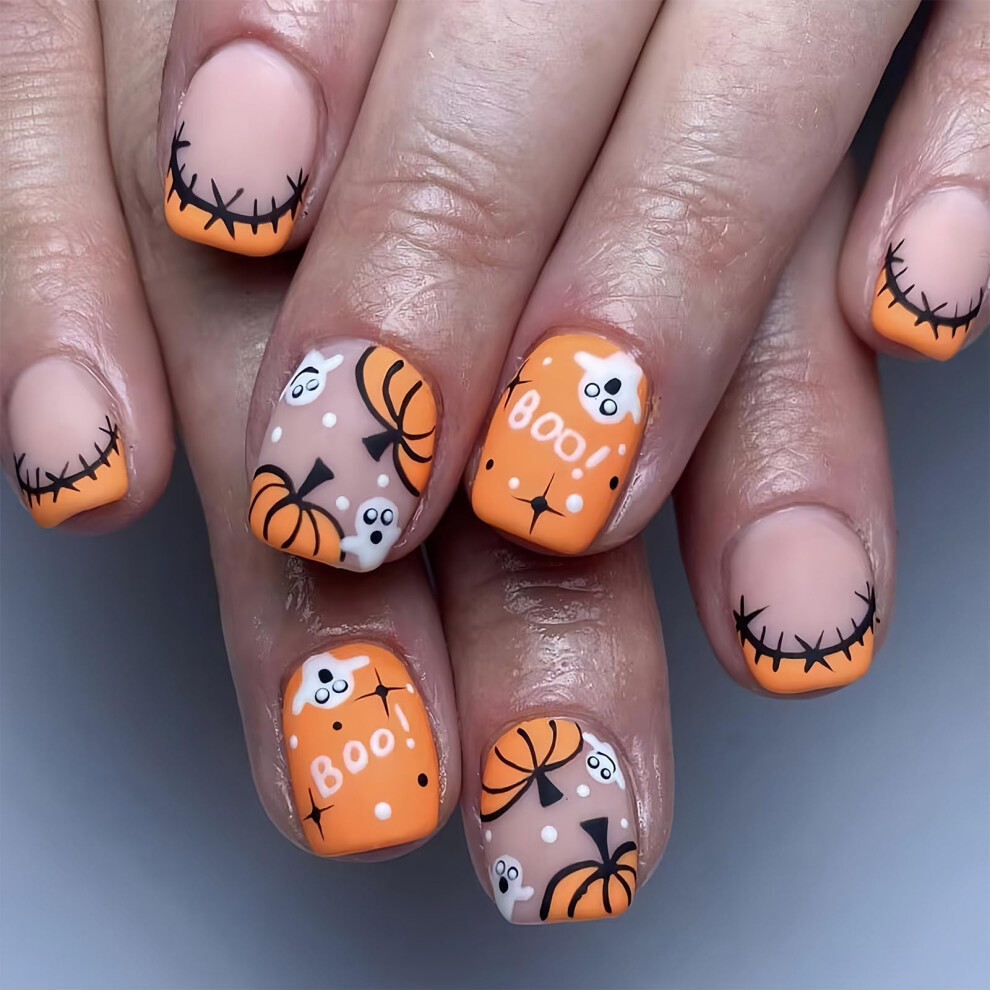 Halloween Press On Nails Short Square, 24Pcs Fake Nails with Pumpkin and Skull Designs, Instant Festive Manicure