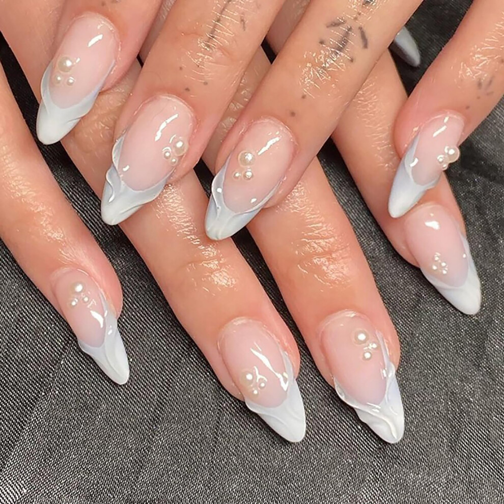 White Press On Nails Medium Almond French Tip Fake Nails With 3D Pearl Swirl Design Glossy Glue On Set 24Pcs