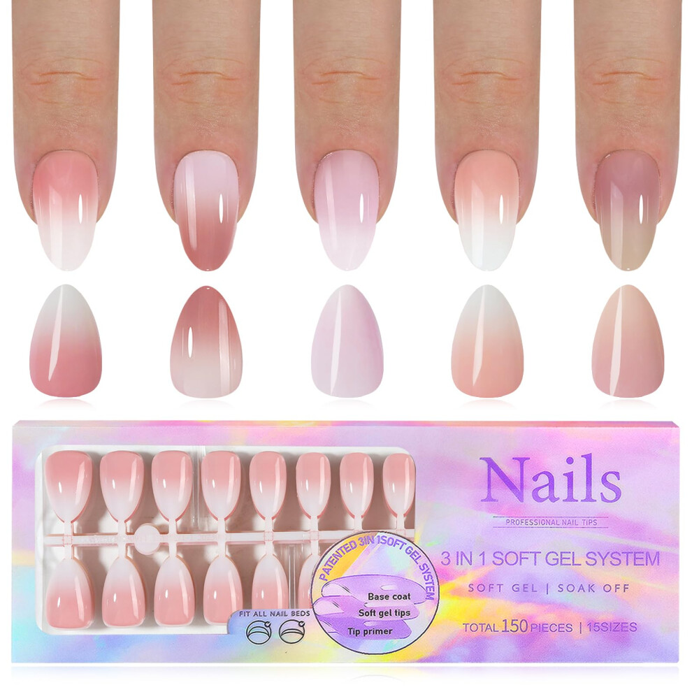150pc Ombre Almond Press on Nails, Short Stiletto Fake Nails Kit, Reusable Acrylic Nail Tips