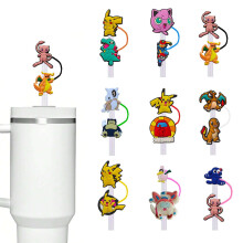 Hggkaie 9Pcs Pokemon Anime Straw Cover Cap for Stanley Cup 40oz/30oz, 61mm Silicone Reusable Protector Plugs, compatible with Stanley Tumbler