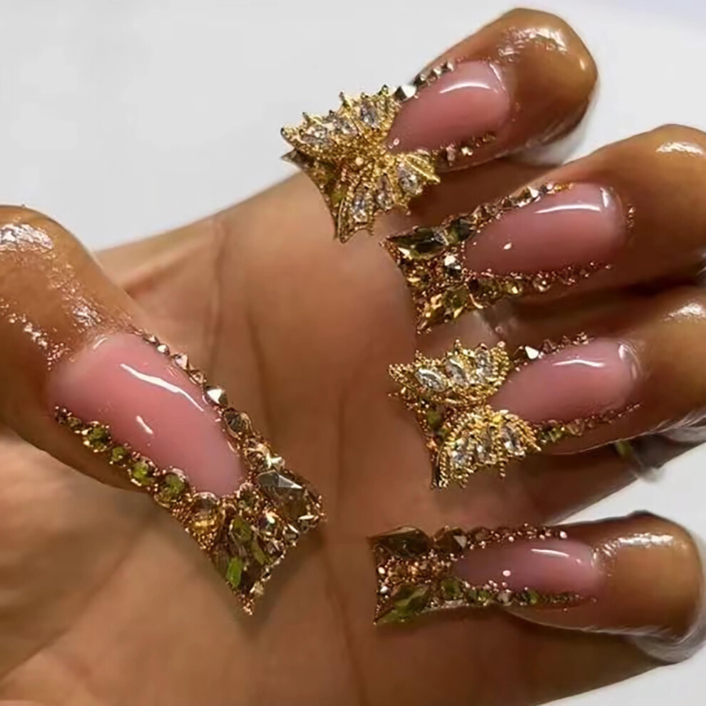 Gold French Tip Press On Nails With Luxury Butterfly Rhinestones, Duck Shape Acrylic Fake Nail Set 24Pcs