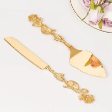 Wedding Cake Knife and Server Set with Engraving, Gold Vintage Handle, Bridal Gift