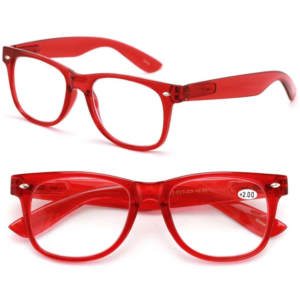 2 Pairs Transparent Neon Color Deluxe Reading Glasses - Comfortable Stylish Simple Readers Rx Magnification +1.00