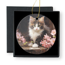 Ceramic Christmas Ornament Circle Pedent,Cute Cat Kitten Pink Flower multicolor