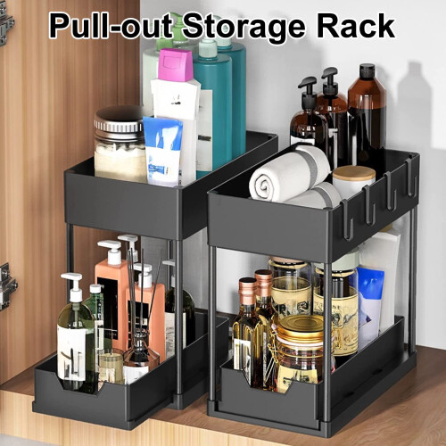 Pull-Out 2 Layer Storage Rack Kitchen Sink Organizer Racks Detachable Seasoning Laundry Storage Holders for Kitchen and Bathroom 2