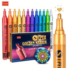 1 Set of 12 Metallic Acrylic Paint Markers - Sparkle Glitter Pens for Craft on Rock, Glass, Wood, Fabric, Canvas, Mugs & more