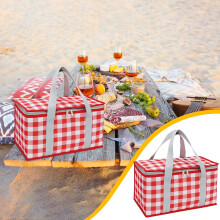 Insulated Picnic Basket, Beach Bag with Double & Shoulder Straps, Foldable Cooler, Leak-Proof Interior for Hot/Cold Items, Outdoor Use (Red)