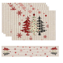 Yhmxh Christmas Table Runner & 6 Placemats, Heat Resistant, 12"x18", Winter Holiday Dining Set for Home Party