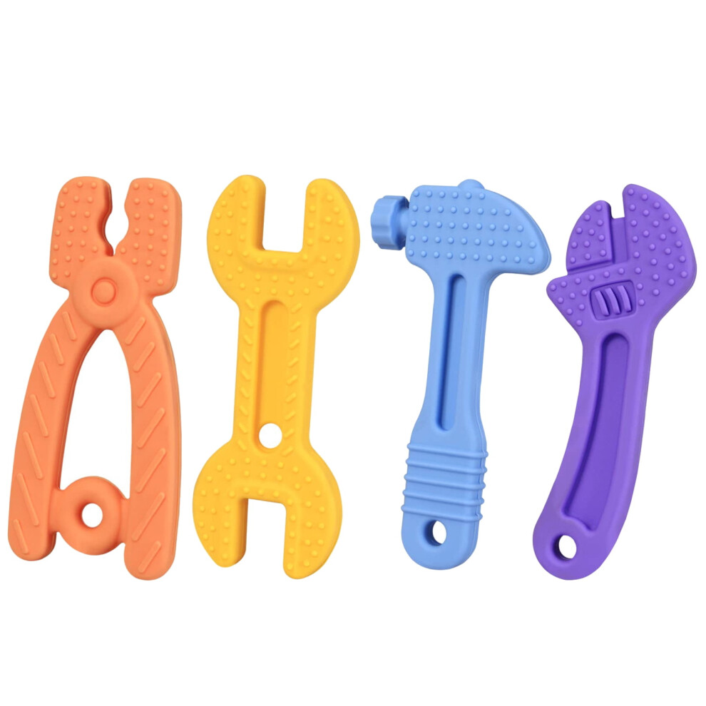OBOSOE Baby Teething Toys for 4-6 Years 6-12 Months, Silicone Baby Molar Teether Chew Toys, Hammer Wrench Spanner Pliers Shape Baby Toys, 4 Pack