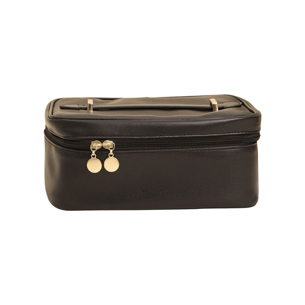 Large Capacity Travel Cosmetic Bag Compatible with Makeup Brushes, Leather Organizer with Divider, Flat Lay Design Portable Makeup Case