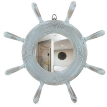 Nautical Wooden Ship Wheel Mirror 20" | Vintage Silver Grey Pirate Home Decor | Compatible with Bathroom & Living Room Wall Hanging