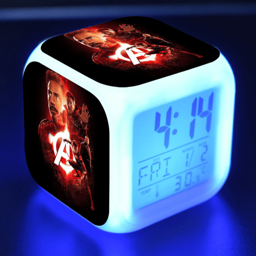 Hanntaoo Digital Alarm Clock For Kids, Compatible With Avengers Theme, 7 Color Led, Thermometer, Night Gift For Boys Girls Light