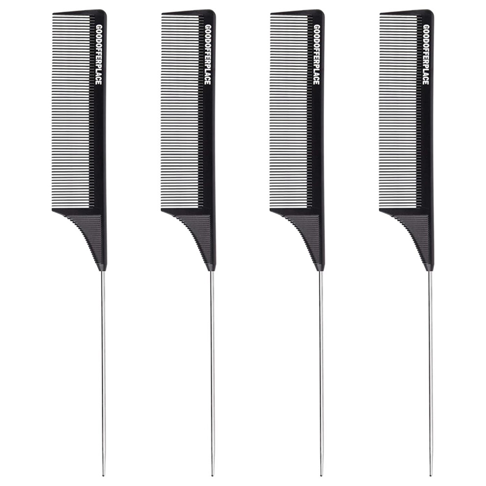 HeeHom 4PCS Hair Rat Tail Combs Set - Carbon Parting, Fine Tooth, Teasing, Detangling, Metal Pick for Women, Girls, Curly & Braiding (Black)