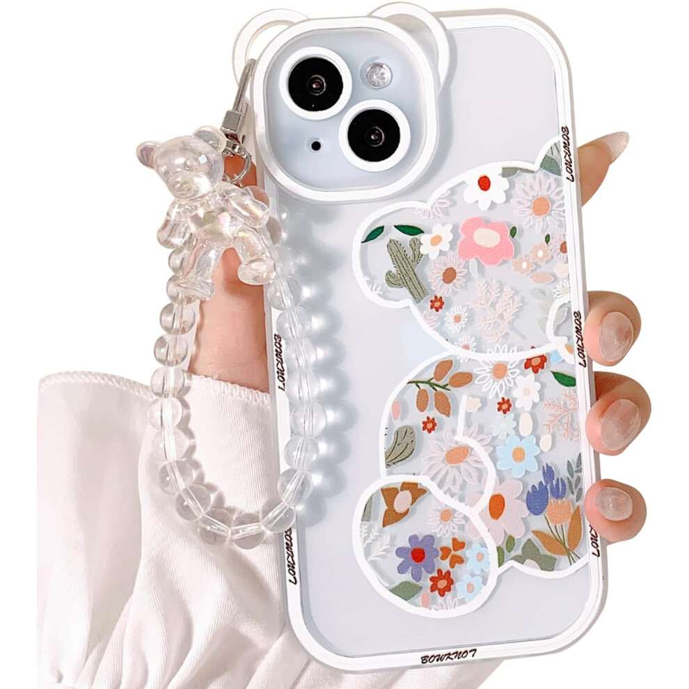 Compatible For Compatible With Iphone 15 Plus Case Clear Cute Flower Floral Bear For Girls Women Pattern With Chain Lanyard 9389440643222
