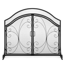 Wrought Iron Fireplace Screen with Doors, Dense Grid Spark Guard, Decorative Safety for Pets and Kids, 39.3x33.4 Inches