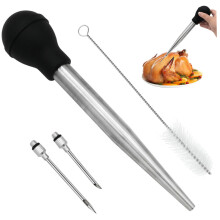 Turkey Baster and Meat Injector Stainless Steel with Silicone Bulb Grip, Detachable Needles and Brush
