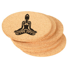 Set of 6 Cork Drink Coasters Buddha Yoga Lotus (Round)