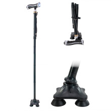 Folding Walking Cane with LED Light, Quad Base & Ergonomic Handle - 5 Adjustable Heights, Lightweight, Self-Standing, Portable Mobility Aid