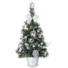 17.7Inch Christmas Tree with LED Ornaments, Pre-lit Multi-Colored Lights, Artificial Green Tree on Wood Base Decor, Compatible with Silver