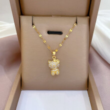 Cute Sanrio Hello Kitty Stainless Steel Gold Color Plated Pendant Necklace Micro Pave Zircon Bowknot Cat Necklace Women Gift