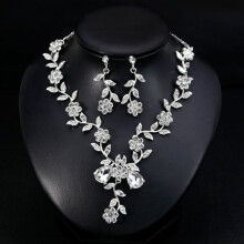 Women Rhinestone Leaves Flower Necklace Stud Earrings Wedding Bridal Jewelry Set